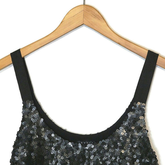 Theory Sequin Silk Scoop Neck Sleeveless Black Shift Mini Dress Size 8 - Picture 4 of 13